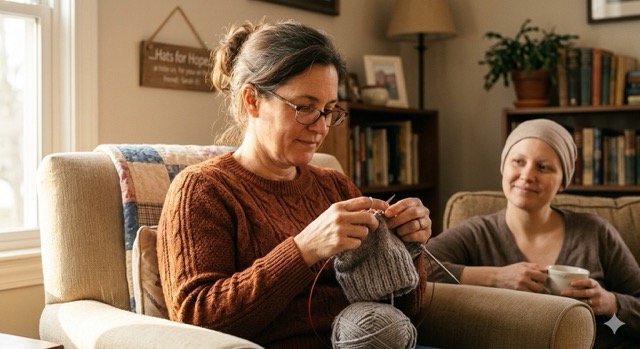 Knitter creating a chemo cap